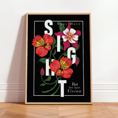 Floral poster with the text 'SIGHT' surrounded by flowers and an inspirational quote about vision