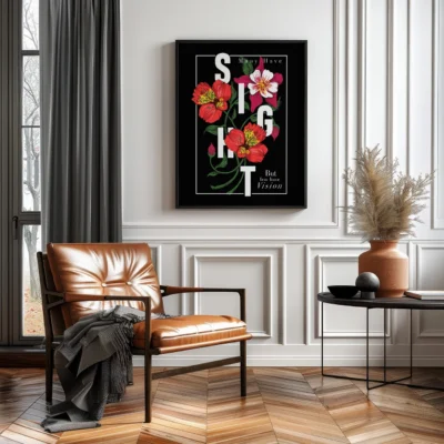 A cozy living room with a modern chair, an elegant framed floral art print on the wall, and a table with a vase.