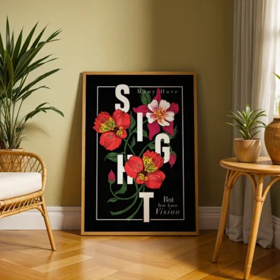Framed wall art featuring colorful floral design with the quote 'Many Have Sight But Few Have Vision'.