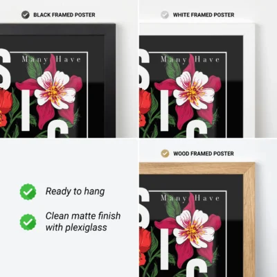 Three framed poster options: black, white, and wood frames with floral designs.
