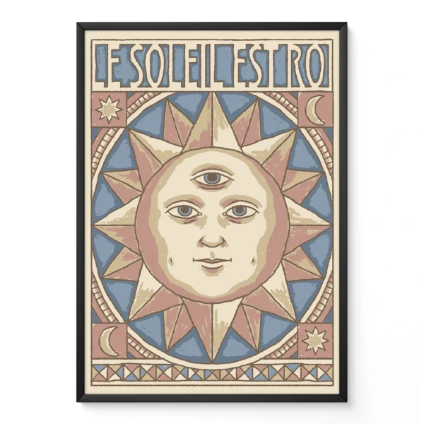 Decorative frame with sun and moon motifs, ideal for artwork display.
