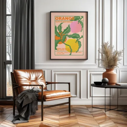 A modern living room with a brown leather chair, a side table, and a vintage orange art print on the wall.