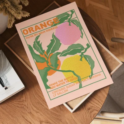 Colorful vintage-style poster of orange juice featuring illustrated oranges and leaves.