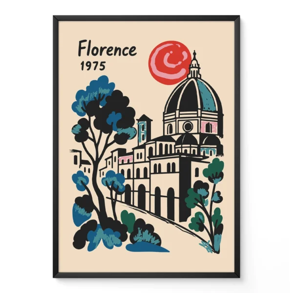 Stylized illustration of Florence Cathedral with trees and a red sun, labeled 'Florence 1975.'