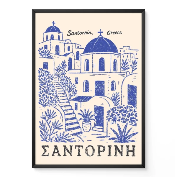 Illustration of Santorini, Greece with white buildings and blue domes