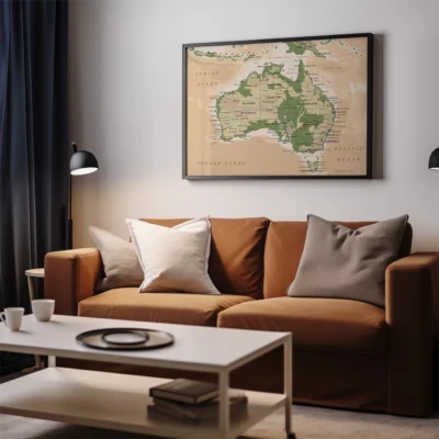 A cozy living room with a brown sofa, two cushions, a framed map of Australia on the wall, and a minimalist coffee table.