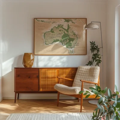 A cozy living room with a vintage sideboard, armchair, and a map of Australia on the wall.