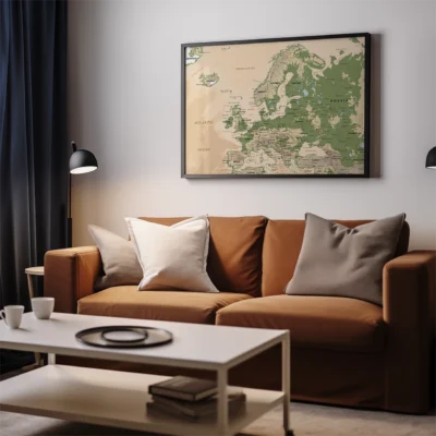 Cozy living room with a brown sofa, cushions, and a framed map of Europe on the wall.