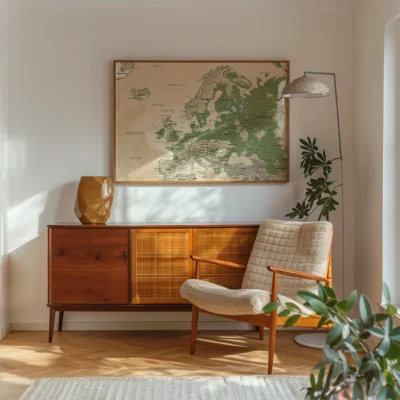 Living room with a wooden cabinet, map of Europe on the wall, a standing lamp, and an armchair