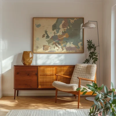 A mid-century modern living room corner with a beige armchair, a wooden sideboard, a vintage map of Europe, a floor lamp, and a decorative vase.