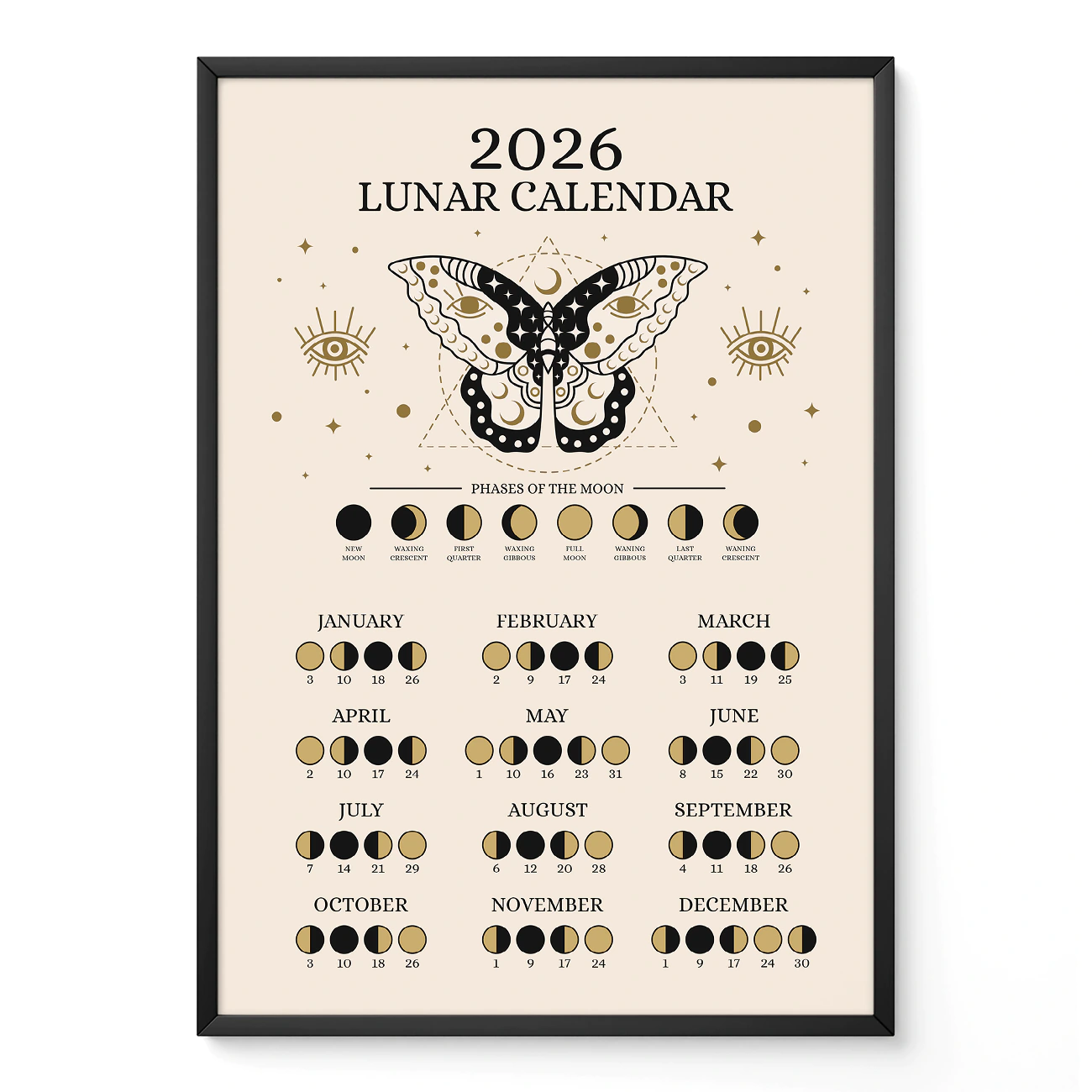 2026 Lunar Calendar Poster – Moon Phases Wall Art