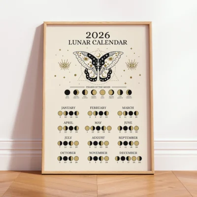 2026 moon phases poster with vintage celestial butterfly design and lunar calendar layout.