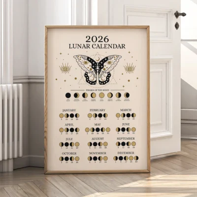 Framed 2026 moon calendar with detailed lunar phases and celestial butterfly illustration.
