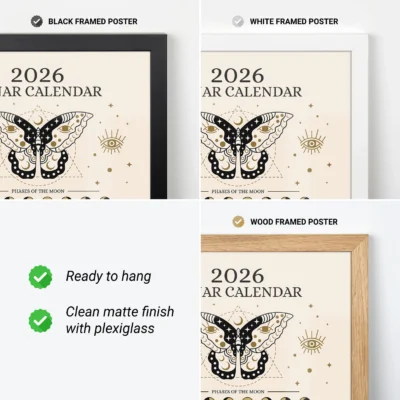 Print and digital previews of 2026 moon phase calendar with butterfly and lunar artwork.