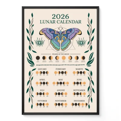 2026 butterfly-themed moon phase calendar with colorful lunar phases and botanical accents in vintage style.