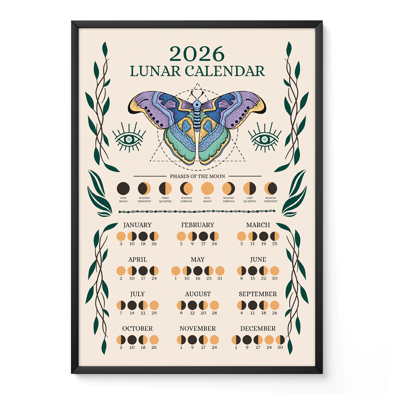 2026 butterfly-themed moon phase calendar with colorful lunar phases and botanical accents in vintage style.