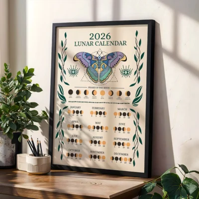 Butterfly and moon-themed 2026 lunar calendar leaning on desk beside potted plant, soft lighting.