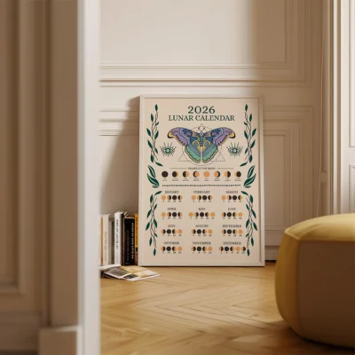 Framed 2026 moon calendar featuring butterfly and moon phases beside bed in minimal boho room.