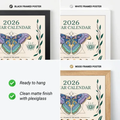 Multiple previews of butterfly 2026 lunar calendar in digital and printable poster formats.