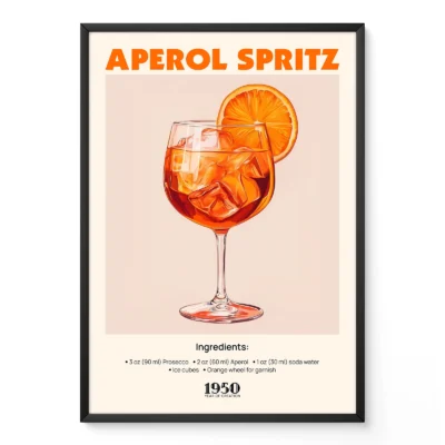 Vintage Aperol Spritz cocktail poster with illustrated glass and recipe text, retro bar style.