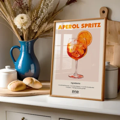 Aperol Spritz vintage cocktail poster on shelf with vase and bread, warm retro kitchen styling.
