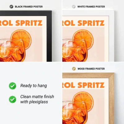 Aperol Spritz poster showing black, white and wood frame options, ready to hang.