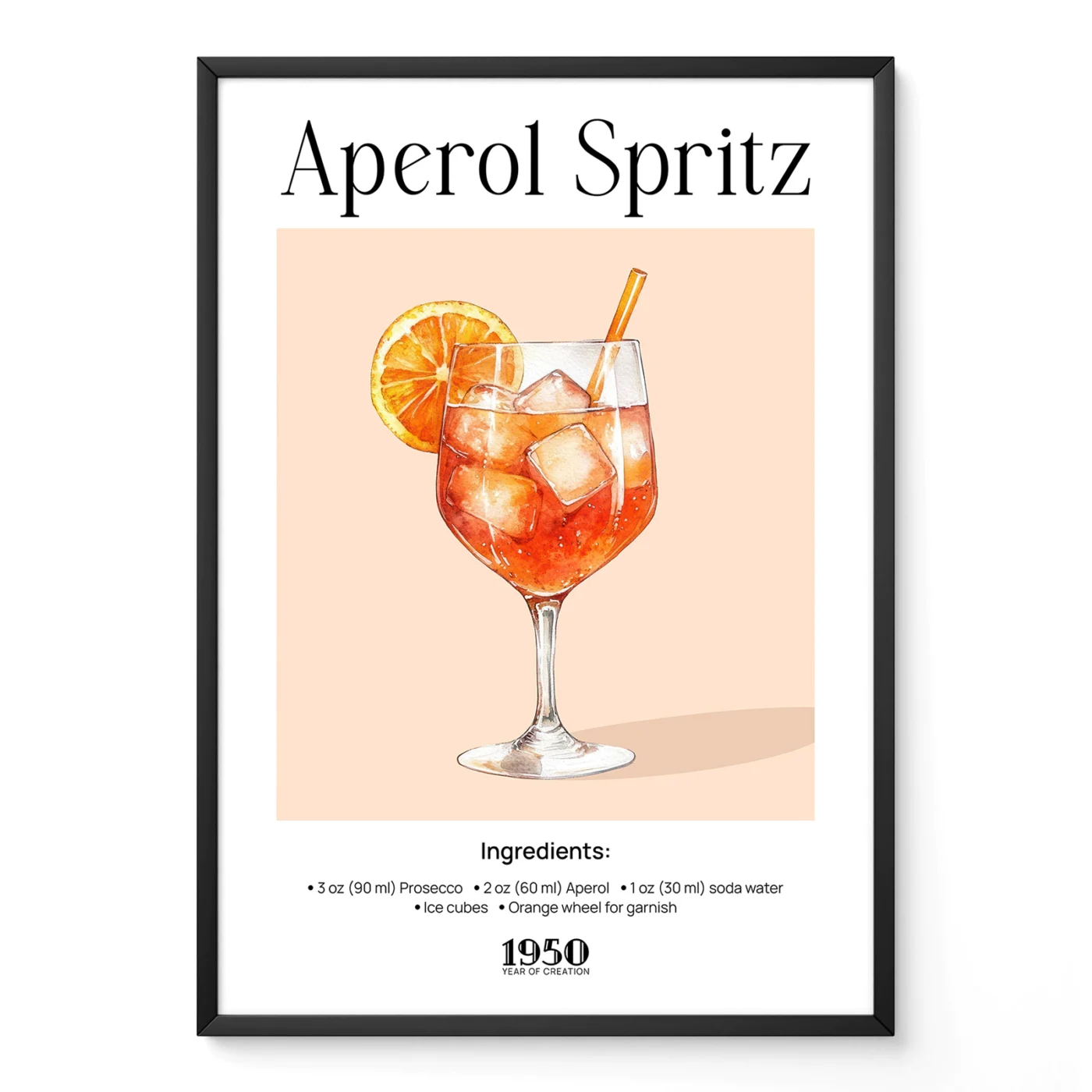 Vintage Aperol Spritz cocktail poster with illustrated glass and orange slice, retro bar style.