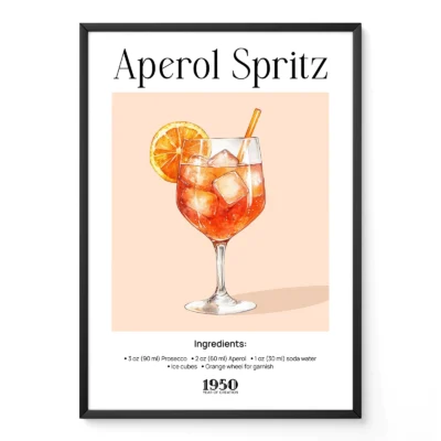 Vintage Aperol Spritz cocktail poster with illustrated glass and orange slice, retro bar style.