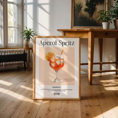 Aperol Spritz cocktail poster standing on floor in sunlit room, classic retro drink illustration.