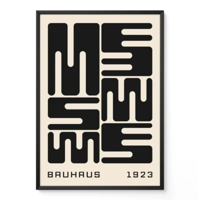 Bauhaus poster art with black wave typography, minimalist Bauhaus design inspired by 1923 exhibition.