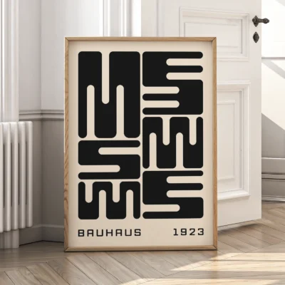 Bauhaus poster art leaning against wall, black minimalist typography inspired by Bauhaus 1923.