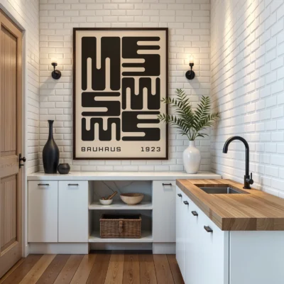Bauhaus poster art displayed in kitchen interior, black minimalist Bauhaus typography wall art.