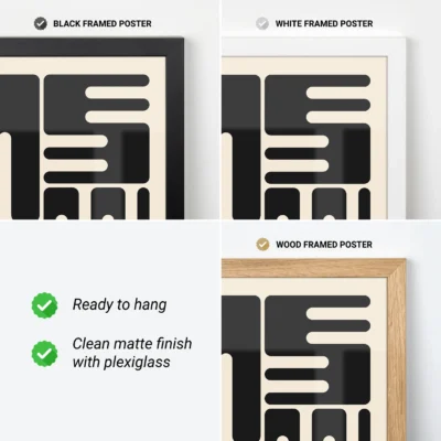 Bauhaus poster art with framing options, minimalist black wave typography wall art.