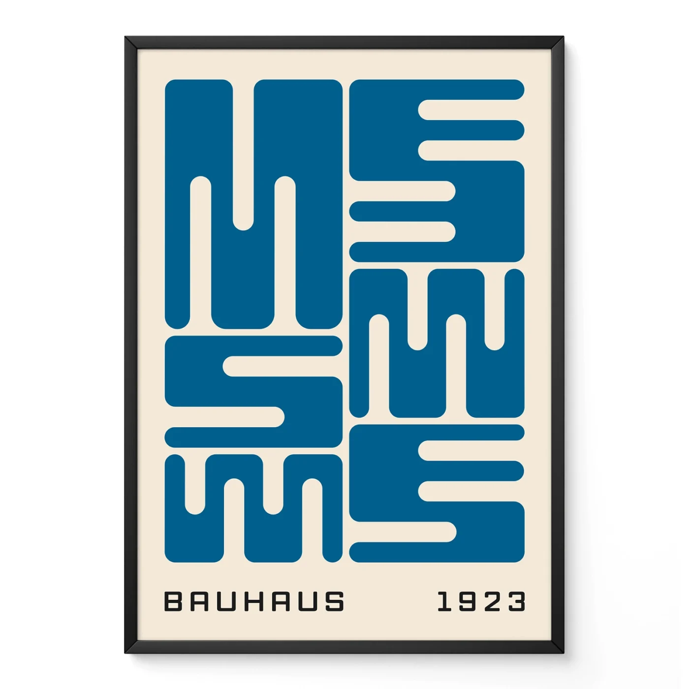 Bauhaus poster art with blue wave typography, minimalist Bauhaus design inspired by the 1923 exhibition.