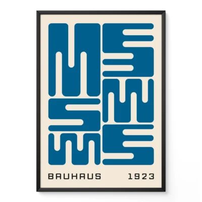 Bauhaus poster art with blue wave typography, minimalist Bauhaus design inspired by the 1923 exhibition.