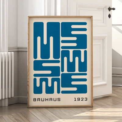 Bauhaus poster art with blue wave typography, minimalist Bauhaus design inspired by the 1923 exhibition.