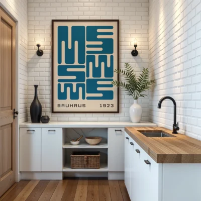 Bauhaus poster art with blue wave typography, minimalist Bauhaus design inspired by the 1923 exhibition.