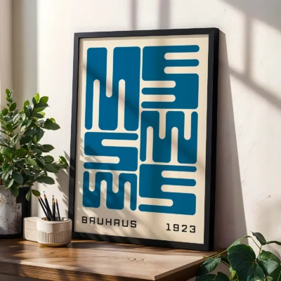 Bauhaus poster art with blue wave typography, minimalist Bauhaus design inspired by the 1923 exhibition.