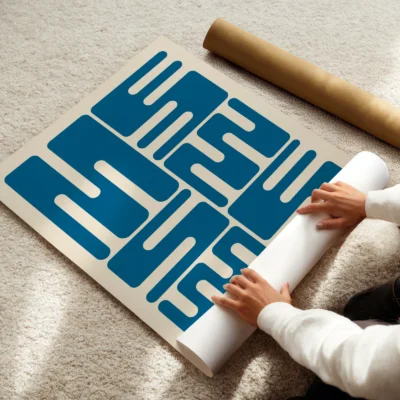 Bauhaus poster art with blue wave typography, minimalist Bauhaus design inspired by the 1923 exhibition.