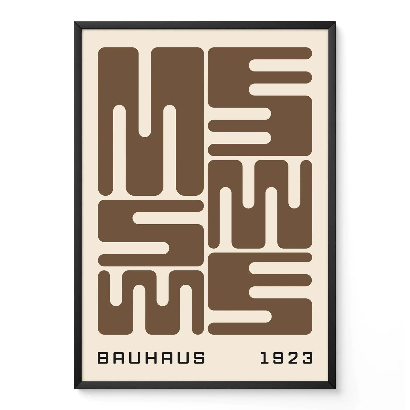 Bauhaus poster art with brown wave typography, minimalist Bauhaus design inspired by the 1923 exhibition.