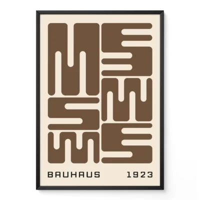 Bauhaus poster art with brown wave typography, minimalist Bauhaus design inspired by the 1923 exhibition.