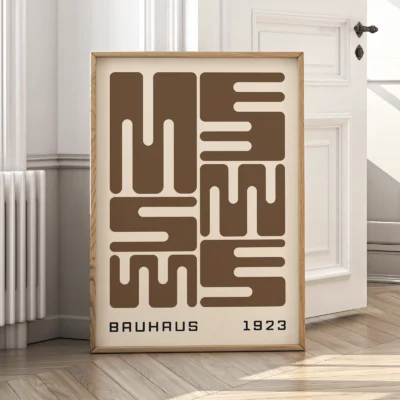 Bauhaus poster art in wooden frame, brown wave typography in Bauhaus 1923 minimalist style.
