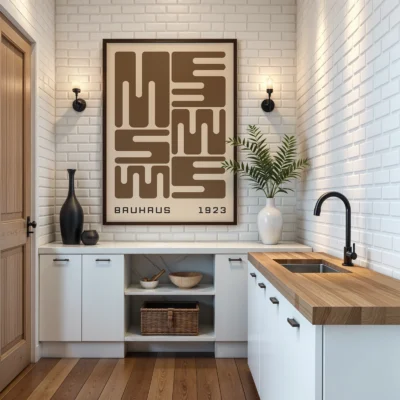 Bauhaus poster art displayed in kitchen interior, brown wave typography inspired by Bauhaus 1923 design.