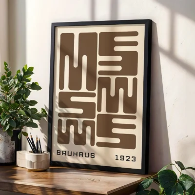 Bauhaus poster art leaning on table, brown wave typography in minimalist Bauhaus 1923 style.