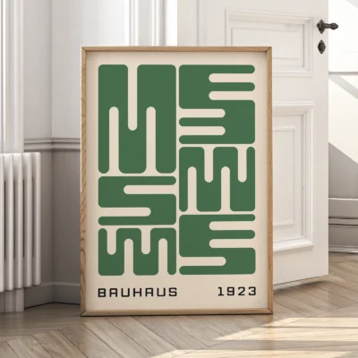 Bauhaus original poster in wooden frame, green wave typography in Bauhaus 1923 minimalist style.