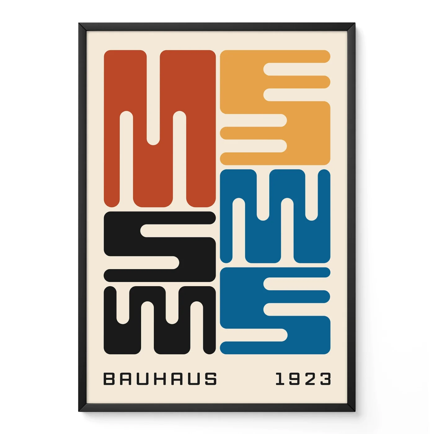 Bauhaus exhibition poster with bold modern typography, 1923 Bauhaus style graphic design in multicolor.