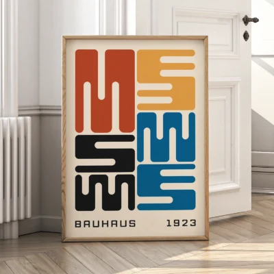 Bauhaus exhibition poster leaning against wall, modernist typography design inspired by Bauhaus 1923.