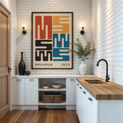 Bauhaus exhibition poster displayed in kitchen interior, colorful Bauhaus typography wall art.