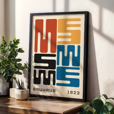Bauhaus exhibition poster styled on shelf with plants, modernist Bauhaus typography design.