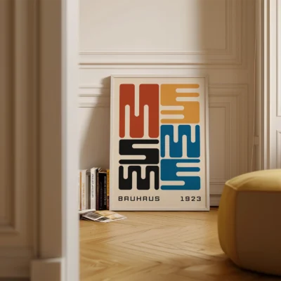 Bauhaus exhibition poster placed on floor, retro Bauhaus typography artwork from 1923.